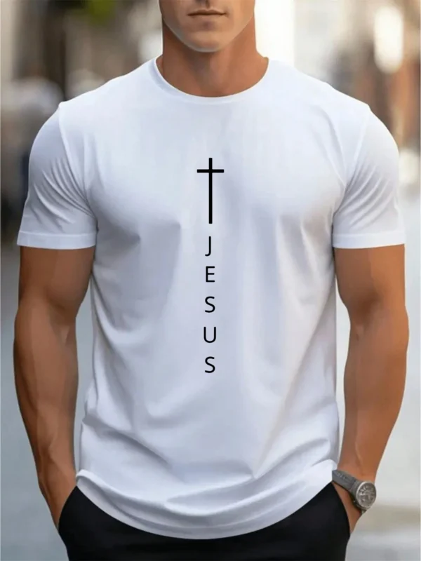 Cross and Jesus Men's Summer 100 Cotton Round Neck Short Sleeve T-shirt